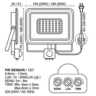 Interiérové svietidlo NEDES LED reflektor + PIR senzor 50W/4000K LF0024S